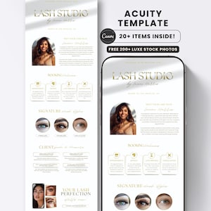 Könnte beinhalten: Eine digitale Vorlage für ein Wimpernstudio, die ein Porträt einer Frau und Serviceinformationen zeigt. Das Design enthält goldene Akzente, Symbole und den Text "LASH STUDIO" und "ACUITY TEMPLATE". Es enthält auch "20+ ITEMS INSIDE!" und "FREE 200+ LUXE STOCK PHOTOS".