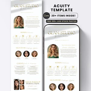 Könnte beinhalten: Eine digitale Marketingvorlage für ein Schönheitsstudio mit dem Text "Glam Studio" in goldfarbenen Buchstaben. Das Design umfasst Abschnitte für Buchungen, charakteristische Make-up-Stile und Kundeninformationen. Die Vorlage wird auf einem Telefonbildschirm angezeigt.