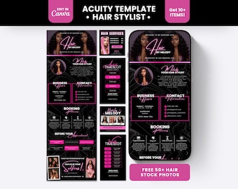 May include: A digital Acuity template for hair stylists featuring a black and pink color scheme. The layout includes sections for business hours, contact information, booking policies, and timeslots, with text reading Hair by Melody.