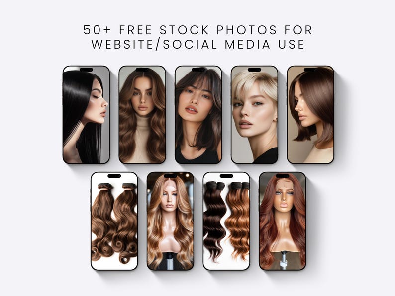 May include: Nine smartphones arranged in two rows display various images of hair extensions and models with diverse hairstyles. The text at the top reads 50+ FREE STOCK PHOTOS FOR WEBSITE/SOCIAL MEDIA USE. The screens show wavy, straight, and colored hair.