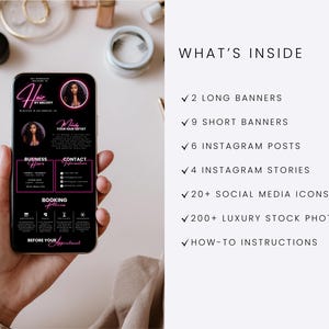 May include: A smartphone displays a black and pink graphic for a hair stylist, "Hair by Melody." The phone is held in a hand, with the screen showing business hours, contact info, and booking details. The image also lists "2 long banners, 9 short banners, 6 Instagram posts, 4 Instagram stories, 20+ social media icons, 200+ luxury stock photos, and how-to instructions."