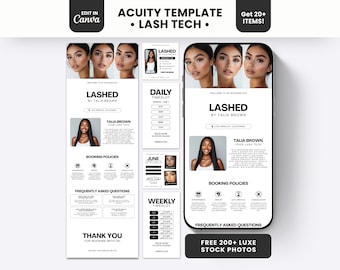 May include: A digital Acuity template for lash technicians featuring a white layout with black text, including sections for booking policies, FAQs, and timeslots. The design displays photos of individuals with eyelash extensions and the text Lashed by Talia Brown.