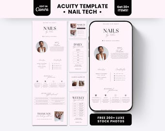 May include: A digital template set for nail technicians featuring a light pink color scheme with black text. The design includes a mobile phone display, a vertical layout, and smaller square panels showing appointment schedules, booking policies, and contact information with the text Nails by Talia.