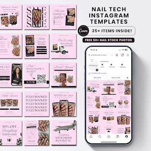 May include: A collection of pink and black social media templates for nail technicians, featuring various layouts with text, nail photography, and a smartphone displaying an Instagram profile. The set includes over 35 digital items and 50 stock photos.