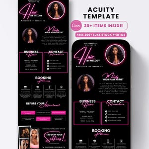 May include: A black and pink digital template for a hair stylist business, featuring the text "Hair by Melody" and a photo of a woman with long hair. The template includes business hours, contact information, and booking details.