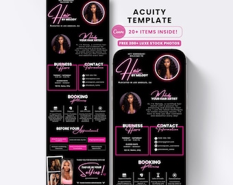 May include: A black and pink digital template for a hair stylist business, featuring the text "Hair by Melody" and a photo of a woman with long hair. The template includes business hours, contact information, and booking details.