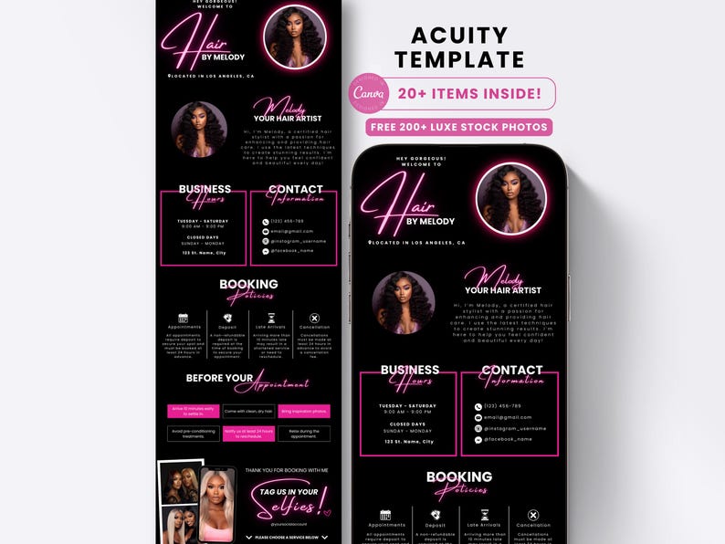 May include: A black and pink digital template for a hair stylist business, featuring the text "Hair by Melody" and a photo of a woman with long hair. The template includes business hours, contact information, and booking details.