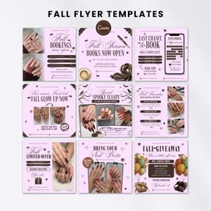 Pode incluir: Uma coleção de nove modelos digitais de folhetos de outono para salões de unhas com um fundo rosa claro e texto e gráficos em marrom escuro. Os modelos incluem texto como Fall Bookings Now Open, Spooky Season e Fall Giveaway com nail art.