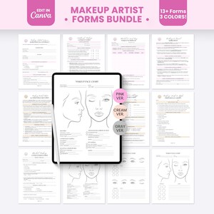 May include: A digital bundle of makeup artist forms displayed on a tablet screen and surrounding paper sheets. The documents include face charts, client agreements, and consultation forms with text in black and pink, featuring three color versions.