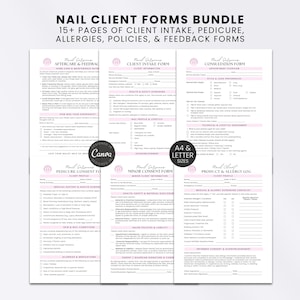 Puede incluir: Un paquete de formularios para clientes de uñas que incluye documentos de admisión, pedicura, alergias, políticas y comentarios. Las páginas presentan texto negro sobre fondo blanco con detalles en rosa, tamaños A4 y Letter, para uso profesional.