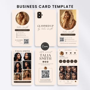 Pode incluir: Um conjunto de seis modelos de cartões de visita numa paleta de cores bege claro. Os designs apresentam texto incluindo Talia Smith, Makeup Artist e Glammed Up, juntamente com códigos QR, informações de contacto e espaços para fotos.