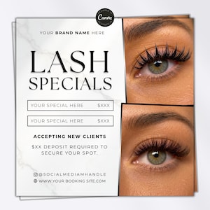 Puede incluir: Un folleto promocional cuadrado con fondo de mármol blanco que presenta dos primeros planos de ojos con extensiones de pestañas largas y oscuras. El texto incluye LASH SPECIALS, YOUR BRAND NAME HERE, YOUR SPECIAL HERE, ACCEPTING NEW CLIENTS y marcadores de posición para enlaces de redes sociales y sitios de reserva.