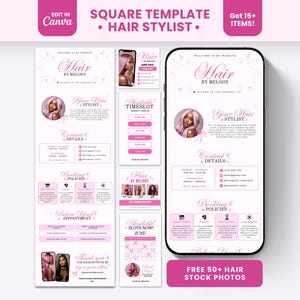 May include: A digital marketing template set for a hair stylist featuring a pink and white colour scheme. The design includes a mobile phone display, social media graphics, and booking information with text reading Hair By Melody and Square Template.