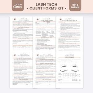 Formulieren voor wimperregistratie, sjabloon voor klanttoestemming, bewerkbare handleiding voor wimperextensions, printbare handleiding voor wimperstijlen, toestemmingsverklaring voor allergietest.
