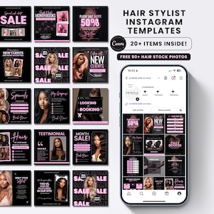 Op de afbeelding: Een verzameling zwarte en roze Instagram-sjablonen voor haarstylisten, met tekst als "SALE", "NEW CLIENTS" en "BOOK NOW". De afbeelding bevat een smartphone met de sjablonen en de tekst "HAIR STYLIST INSTAGRAM TEMPLATES".