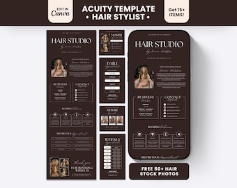 May include: A dark brown digital template for a hair stylist, featuring a mobile phone display and multiple layout sections. The text includes "ACUITY TEMPLATE HAIR STYLIST," "HAIR STUDIO," "BUSINESS HOURS," "CONTACT," "BOOKING POLICIES," and "THANK YOU FOR BOOKING WITH US."