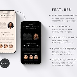 May include: Two smartphones display a Lash Lounge digital template in light and dark color schemes. The screen shows text, circular headshots, and booking icons. A list of features includes instant download, editable, Canva compatible, and support.