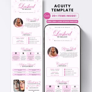 May include: A pink and white Acuity template for a lash artist, featuring the text "Lashed by Melody" and "Your Lash Artist." The design includes contact details, booking policies, and a section titled "Before Your Appointment."