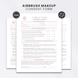 Mall för samtyckesblankett för airbrush-makeup Redigerbar PMUA-formulär för ansvarsfriskrivning från salong Kundintag Utskrivbart konsultationsdokument för brudtjänster