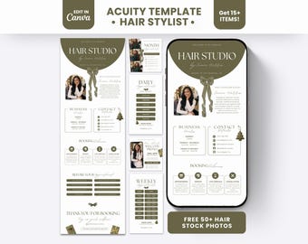 May include: A digital Acuity scheduling template for a hair stylist featuring olive green accents, a photo placeholder, business hours, contact details, and booking policies. The layout includes text headers like Hair Studio, Business Hours, and Contact Details.