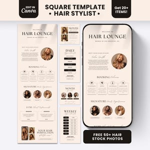 Può includere: Un modello quadrato digitale per parrucchieri con uno schema di colori beige e testo scuro. Il layout include sezioni per Hair Lounge, politiche di prenotazione e testimonianze, visualizzate su uno schermo di smartphone e pannelli.