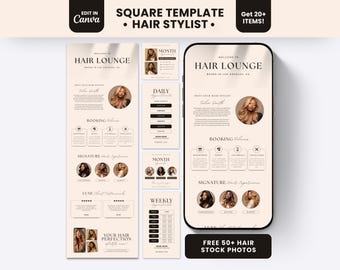 May include: A digital square template for a hair stylist featuring a beige color scheme with dark text. The layout includes sections for Hair Lounge, booking policies, and testimonials, displayed on a smartphone screen and vertical panels.