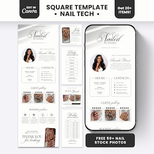 May include: A digital marketing template set for nail technicians featuring a mobile phone display and multiple square layouts. The design includes sections for business hours, contact details, client galleries, and booking policies with elegant typography.