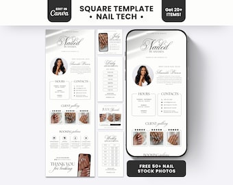 May include: A digital marketing template set for nail technicians featuring a mobile phone display and multiple square layouts. The design includes sections for business hours, contact details, client galleries, and booking policies with elegant typography.
