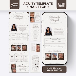 Puede incluir: Una plantilla digital de Acuity para técnicos de uñas con fondo blanco, texto negro, iconos de lazos pequeños y marcadores de posición para fotos. El diseño incluye secciones de horarios, contactos, galería de uñas y políticas de reserva.