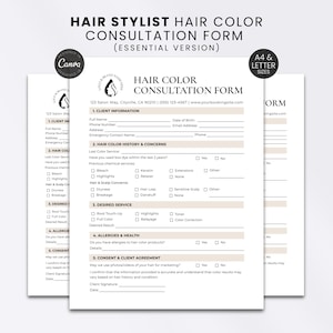 May include: A white hair color consultation form with black text and light beige accents. The document includes sections for client information, hair color history, desired service, allergies, and a consent agreement with lines for signatures.