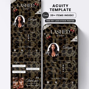 Könnte beinhalten: Eine digitale Vorlage für eine Beauty-Unternehmenswebsite mit Leopardenmuster-Hintergrund, dem Text LASHED by Aaliyah, einem kreisförmigen Porträt einer Person, Kontaktdaten, Buchungsrichtlinien sowie Abschnitten für Termin- und Lash-Stockfotos.