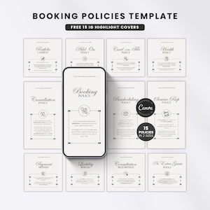 Pode incluir: Um conjunto de modelos digitais de políticas de reserva com um smartphone exibindo uma página de política, cercado por vários cartões de documentos como Portfolio Consent, Cancellation Policy e Payment Method, com a marca Canva.