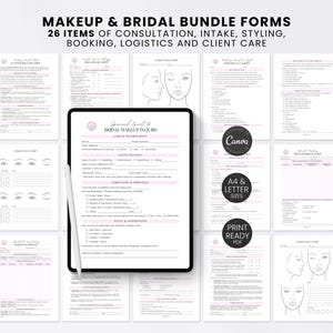 May include: A collection of 26 digital makeup and bridal bundle forms featuring consultation, intake, styling, booking, logistics, and client care documents. The set includes A4 and letter-sized templates with black text and pink accents on white paper.