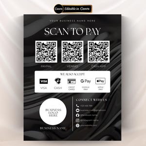 QR Payment Sign Editable Scan to Pay Sign Template for Hair Lash Nail Esthetician Braids Wig Barber, Zelle Venmo Payment Method QR Code Sign