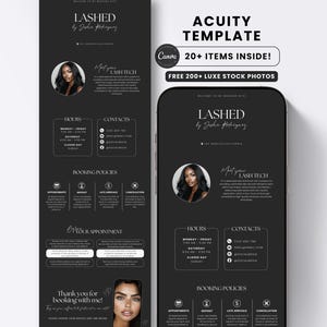 May include: A black and white digital template for a lash business, featuring the text "LASHED by Sofia Rodriguez" and "ACUITY TEMPLATE". The design includes contact information, booking policies, and a photo of a woman.