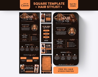 May include: A digital marketing template set for hair stylists featuring a dark brown and orange color scheme. The layout includes text for business hours, booking policies, price lists, and contact information, displayed on a smartphone screen.