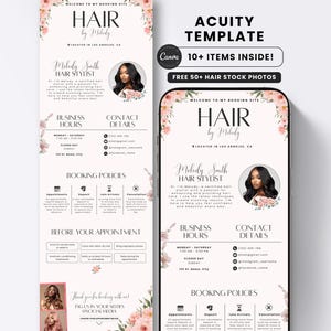 May include: A digital template for a hair stylist's booking site, featuring the text "HAIR by Melody." The design includes floral accents, a photo of the stylist, business hours, contact details, and booking policies. The template is displayed on a phone.