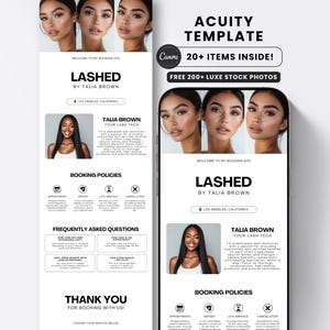 May include: A digital template in black and white for a lash technician's booking site. The template includes the text "LASHED by Talia Brown" and features images of women with lash extensions. It also includes booking policies and frequently asked questions.