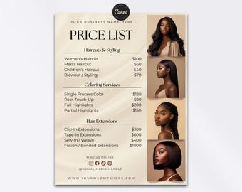 Editable Pricelist Template Flyer Special Deals Beauty Salon Pricelist Menu Flyer for Hair Wig Braids Extension Nail Lash Esthetician Luxury