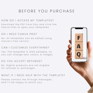 May include: A digital FAQ information graphic titled BEFORE YOU PURCHASE with five questions and answers regarding template access, Canva requirements, customization, refund policies, and support, displayed next to a smartphone showing FAQ blocks.