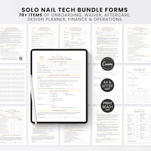 Könnte beinhalten: Ein digitales Bündel von über 70 Formularen für Nageldesigner, darunter Kundenaufnahme, Haftungsausschluss, Nachsorge und Designplaner. Die Sammlung zeigt schwarzen Text auf weißem Papier mit pfirsichfarbenen Akzenten auf Tablet und Blättern.