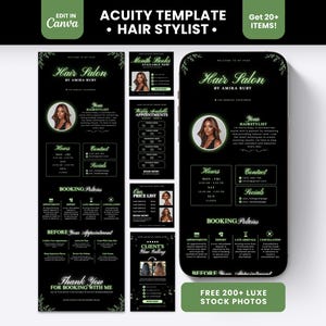 Puede incluir: Una plantilla digital de Acuity para peluquería con fondo negro y texto y detalles en verde claro. El diseño incluye secciones para horarios, información de contacto, políticas de reserva y una galería de clientes.