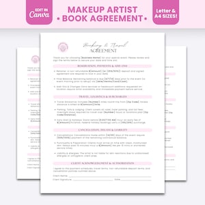 Może przedstawiać: Biały dokument zatytułowany Makeup Artist Book Agreement z różowymi nagłówkami i czarnym tekstem. Formularz zawiera sekcje dotyczące rezerwacji, płatności, logistyki, anulowania oraz autoryzacji klienta z miejscem na imię, podpis i datę.