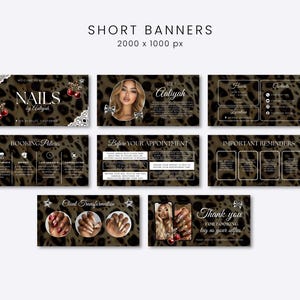 Puede incluir: Un conjunto de ocho banners digitales rectangulares con un fondo de estampado de leopardo marr&oacute;n y negro, texto en blanco y gr&aacute;ficos de cerezas. Los banners incluyen secciones para informaci&oacute;n comercial, pol&iacute;ticas y recordatorios.