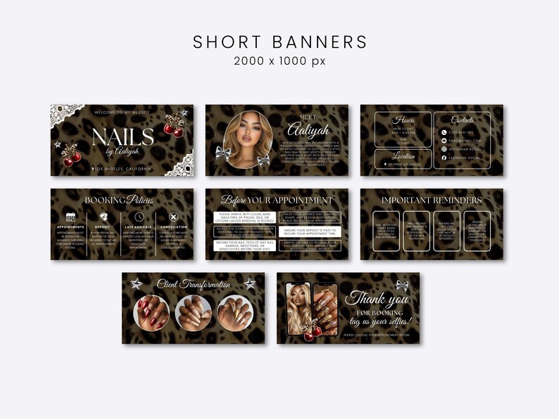 Puede incluir: Un conjunto de ocho banners digitales rectangulares con un fondo de estampado de leopardo marr&oacute;n y negro, texto en blanco y gr&aacute;ficos de cerezas. Los banners incluyen secciones para informaci&oacute;n comercial, pol&iacute;ticas y recordatorios.
