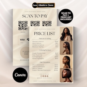 編集可能な価格表テンプレート、ヘアラッシュネイルエステティシャンブレイドウィッグの支払い用QRコードサイン、Zelle Venmo決済方法QRコードサイン