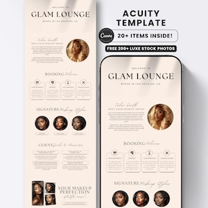 May include: A digital template for a beauty business titled Glam Lounge, displayed on a smartphone and a vertical layout. The design features a beige background, black serif typography, circular portraits of a makeup artist, and booking policy icons.
