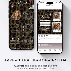 Puede incluir: Dos pantallas de smartphone que muestran una plantilla de reserva digital para t&eacute;cnicos de u&ntilde;as con un fondo de estampado de leopardo. La interfaz incluye secciones para horarios, contactos, pol&iacute;ticas de reserva y ofertas de marzo con texto y cerezas.