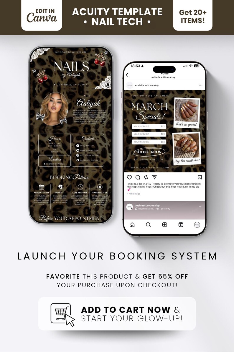 Puede incluir: Dos pantallas de smartphone que muestran una plantilla de reserva digital para t&eacute;cnicos de u&ntilde;as con un fondo de estampado de leopardo. La interfaz incluye secciones para horarios, contactos, pol&iacute;ticas de reserva y ofertas de marzo con texto y cerezas.