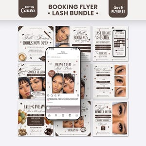 May include: A digital collection of nine promotional flyers for lash services, featuring brown and white color schemes, typography, and imagery of eyes with lash extensions. A smartphone displays one of the flyers in a social media feed.